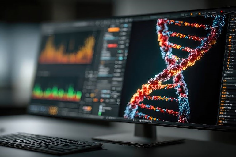 Genomuntersuchung mit Hochdurchsatz NGS: DNA‑Doppelhelix und Bioinformatik‑Analyse am Monitor.