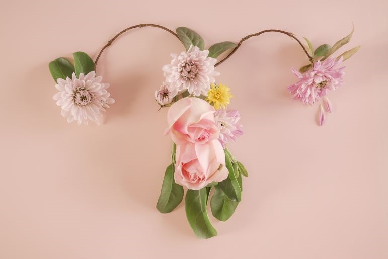 Uterus-Blumendarstellung mit Rosen und Chrysanthemen, florale Gebärmutter-Symbolik.