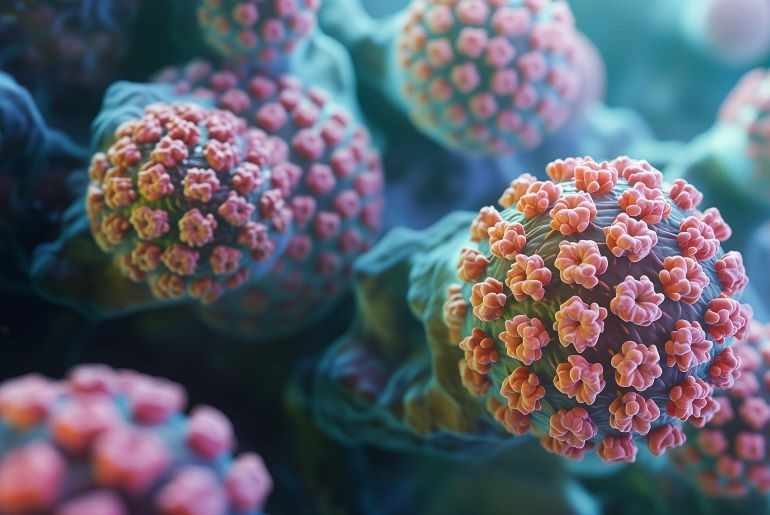 Therapeutische HPV‑Impfung mit Nanopartikeln, mikroskopische Darstellung viraler Partikel