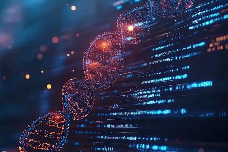 Visualisierung einer DNA-Sequenz mit digitalen Daten, Symbol für Genetik, Datenanalyse und künstliche Intelligenz.