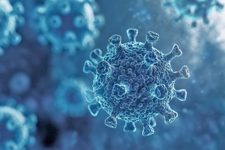 Nahaufnahme eines Virus in blauer Darstellung, Symbol für Pandemie, Gesundheit und Forschung.