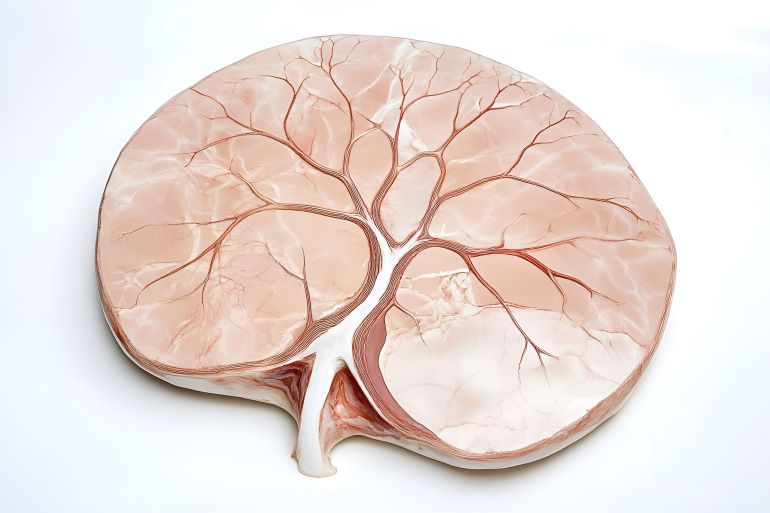 Detailreiche Darstellung einer Plazenta mit sichtbaren Blutgefäßen, Symbol für Schwangerschaft und Geburt.