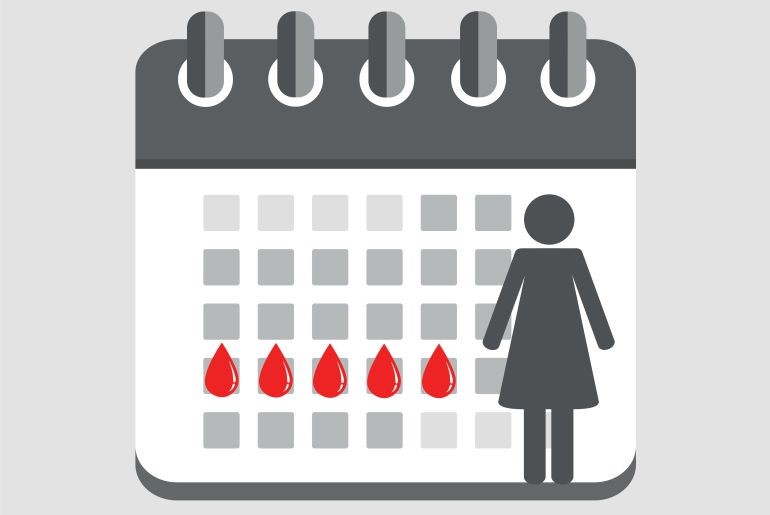 Illustration eines Menstruationskalenders mit einer Frau und markierten Tagen der Periode.