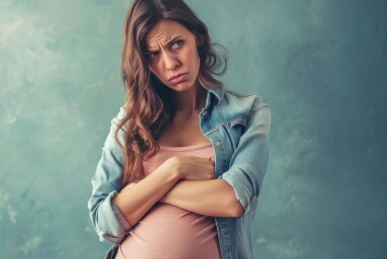 Schwangere Frau in einem Jeanshemd, Symbol für Schwangerschaft und Gesundheit.