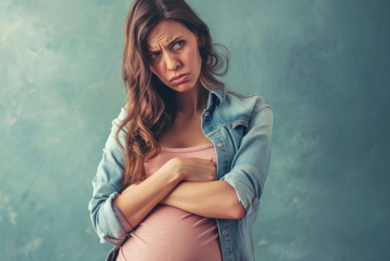 Schwangere Frau in einem Jeanshemd, Symbol für Schwangerschaft und Gesundheit.