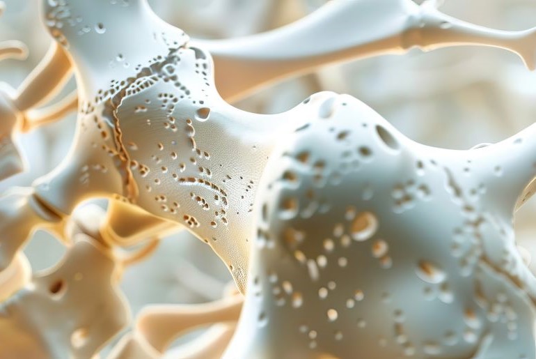 Nahaufnahme von porösem Knochengewebe, symbolisiert Osteoporose und Knochendichteverlust.